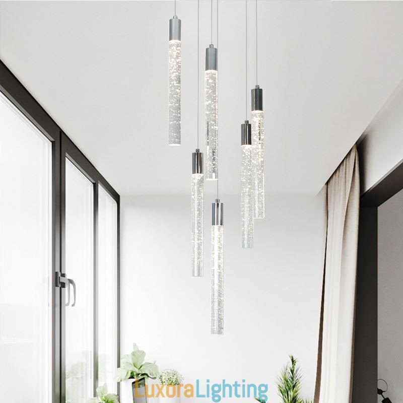 Designer Touch Decorative Pendant Light Chrome Crystal Column Cluster Ceiling Light