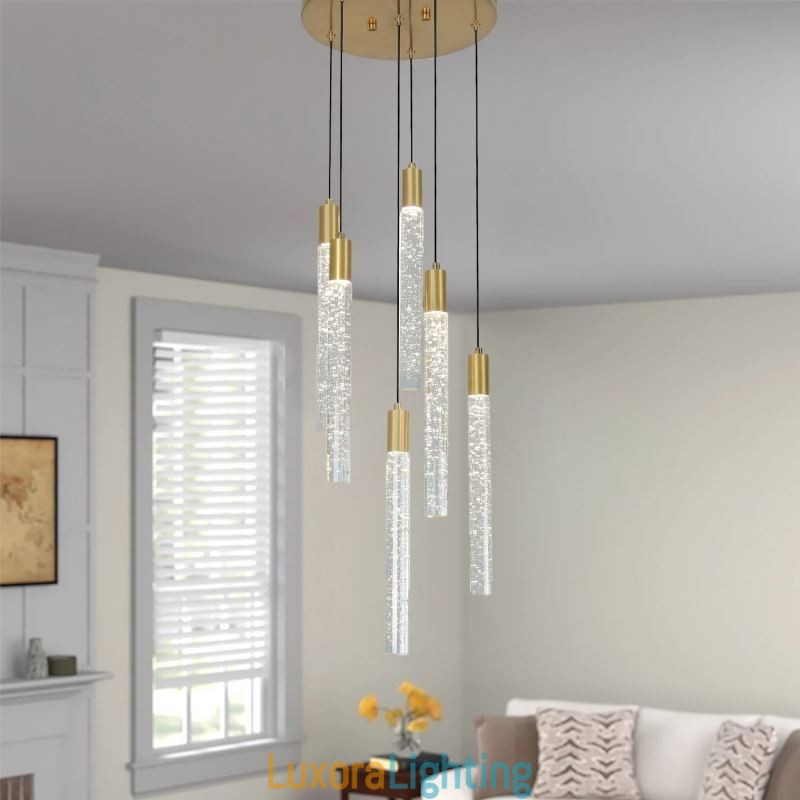 Designer Touch Decorative Pendant Light Copper Crystal Column Cluster Ceiling Light