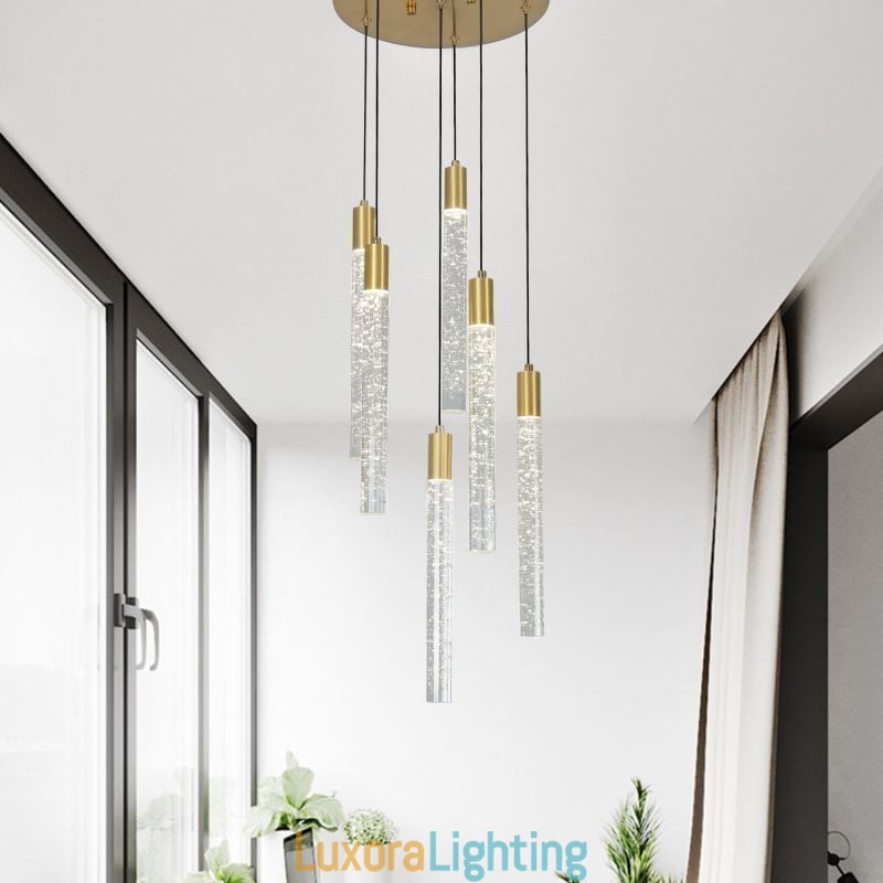 Designer Touch Decorative Pendant Light Copper Crystal Column Cluster Ceiling Light