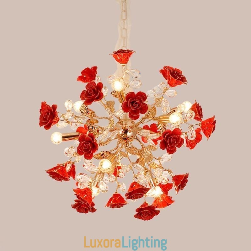 Designer Touch Decorative Luxury Pendant Light Ceramic Red Flower Chandelier