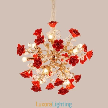 Designer Touch Decorative Luxury Pendant Light Ceramic Red Flower Chandelier