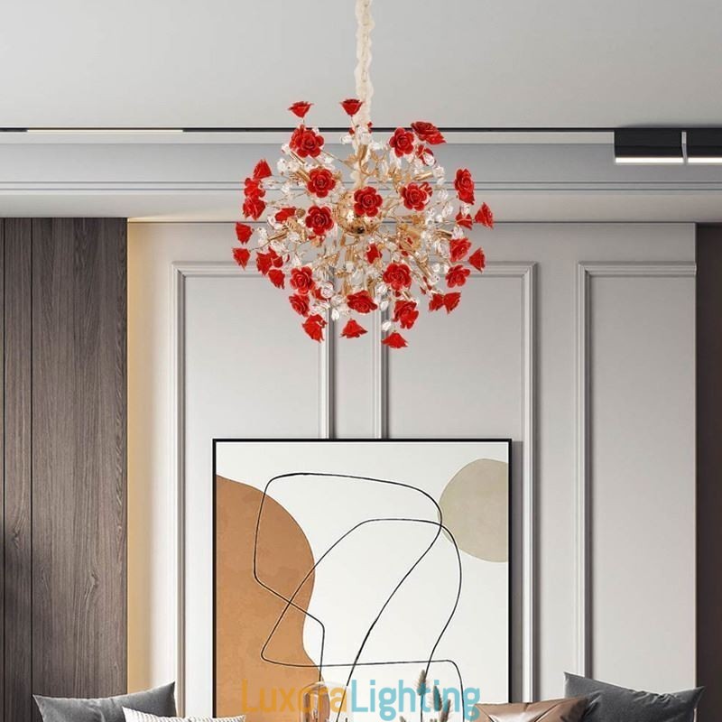 Designer Touch Decorative Luxury Pendant Light Ceramic Red Flower Chandelier