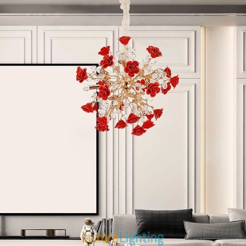 Designer Touch Decorative Luxury Pendant Light Ceramic Red Flower Chandelier