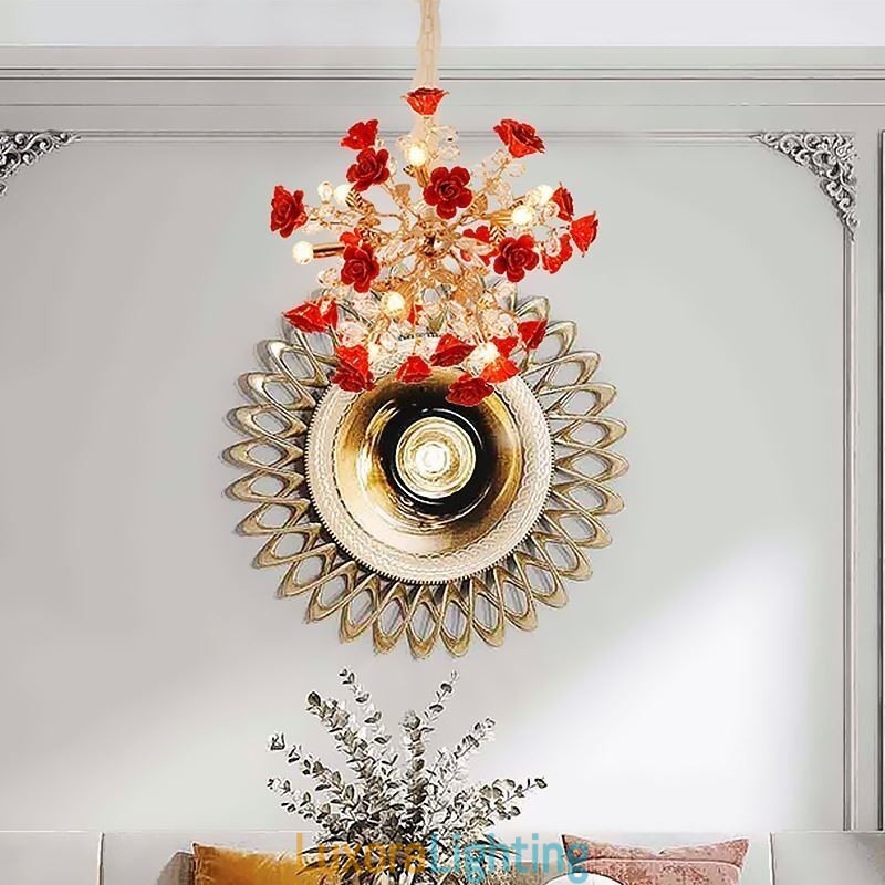Designer Touch Decorative Luxury Pendant Light Ceramic Red Flower Chandelier