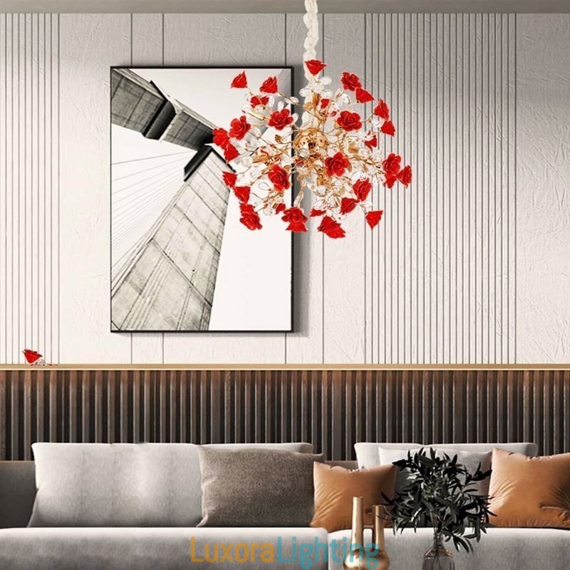 Designer Touch Decorative Luxury Pendant Light Ceramic Red Flower Chandelier