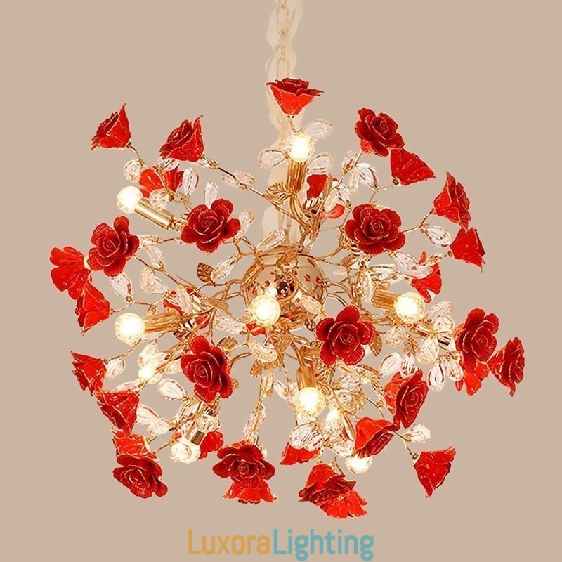 Designer Touch Decorative Luxury Pendant Light Ceramic Red Flower Chandelier