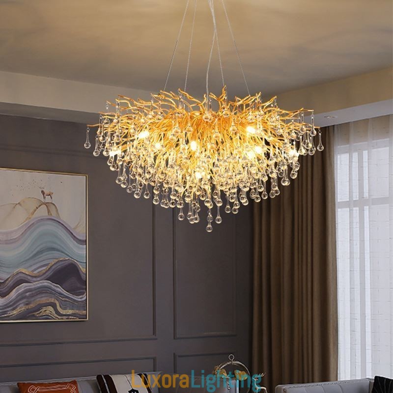 Designer Touch Decorative Nordic Crystal Chandelier Flower Round Shade Luxury Gold Pendant Light