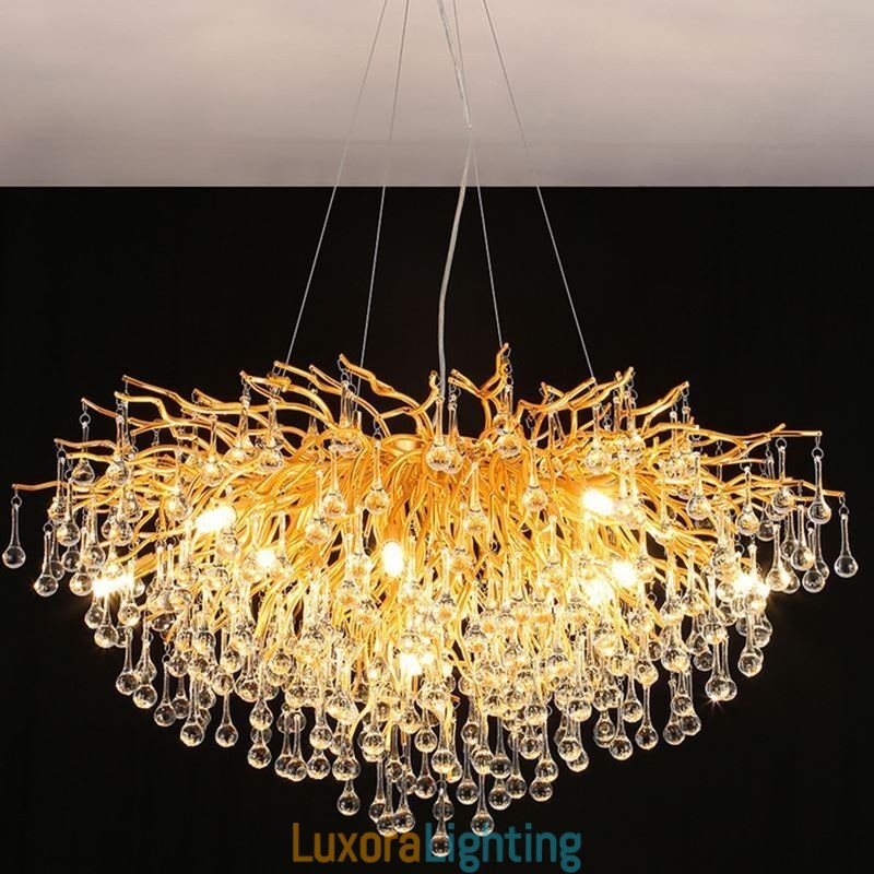 Designer Touch Decorative Nordic Crystal Chandelier Flower Round Shade Luxury Gold Pendant Light