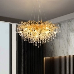 Designer Touch Decorative Nordic Crystal Chandelier Flower Round Shade Luxury Gold Pendant Light