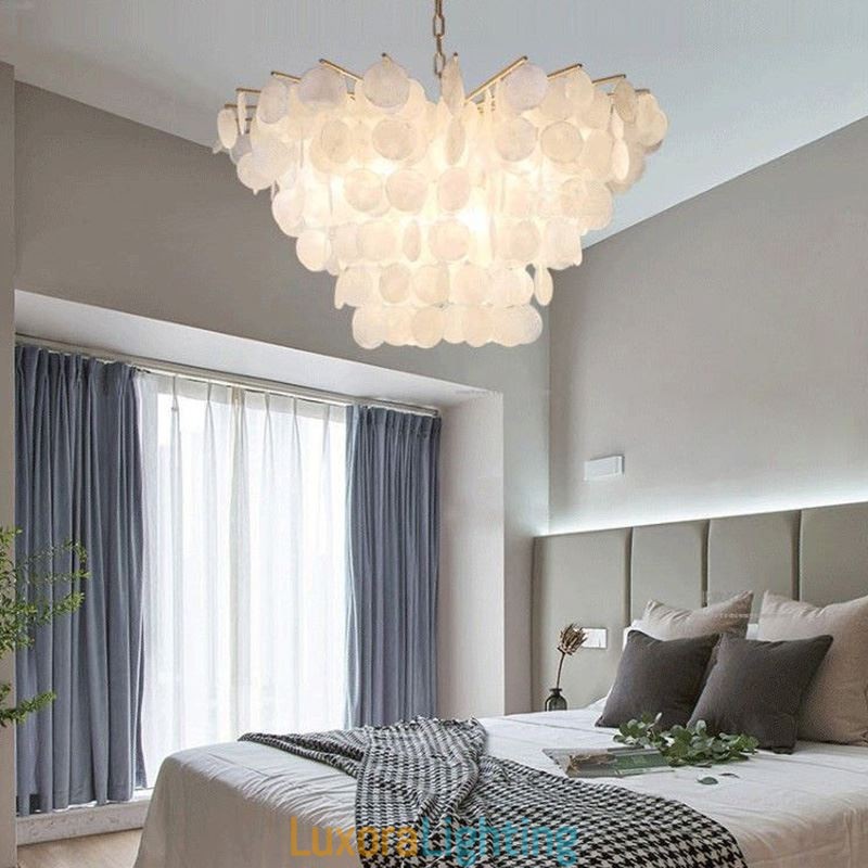 Designer Touch Decorative Natural Shell Chandelier Round Layered Hanging Light Dining