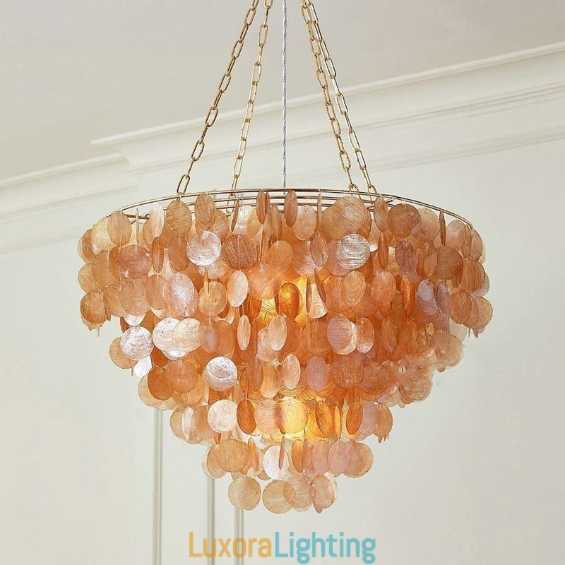 Designer Touch Decorative Natural Shell Chandelier Round Layered Hanging Light Brown Black