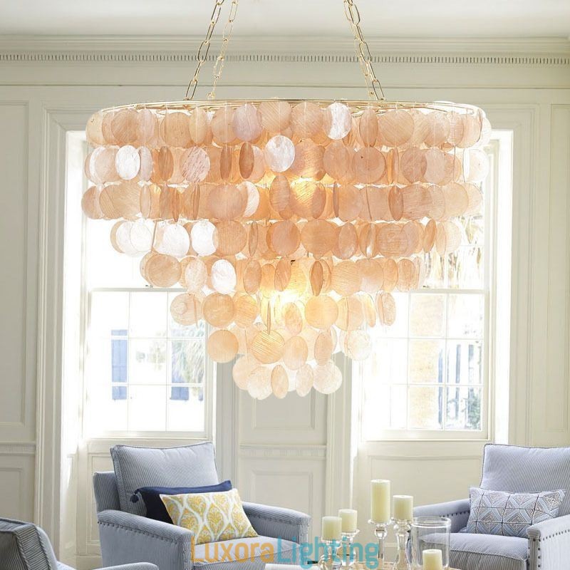 Designer Touch Decorative Natural Shell Chandelier Round Layered Hanging Light Brown Black