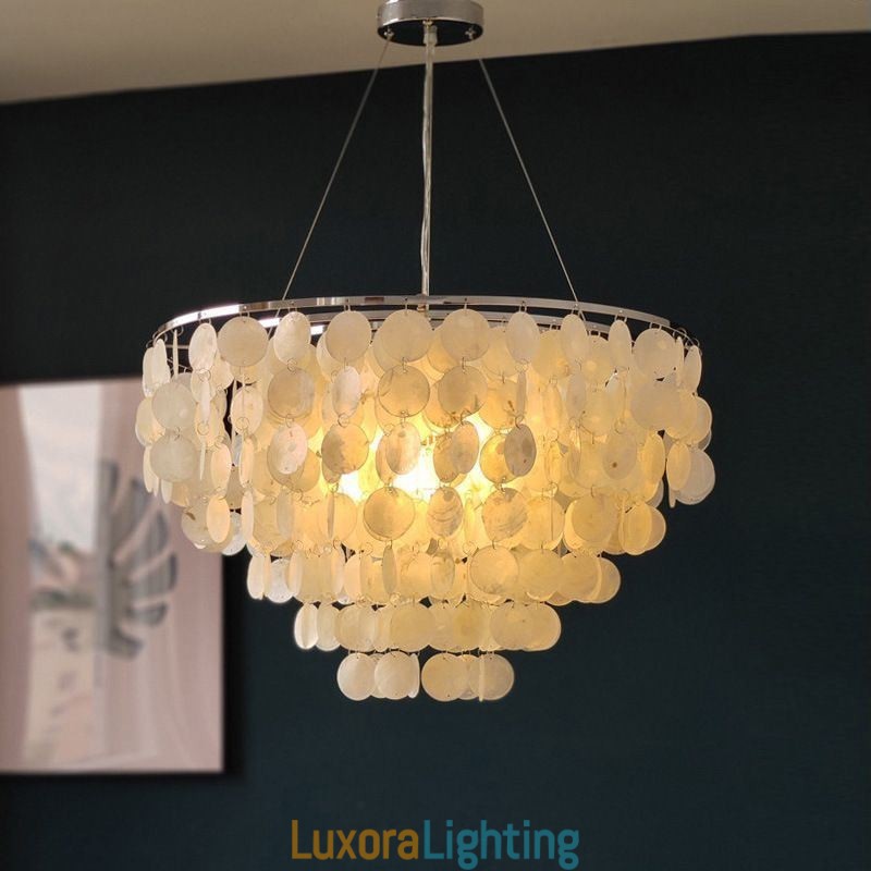 Designer Touch Decorative Capiz Shell Pendant Light Natural Hanging Round Layered Chandelier