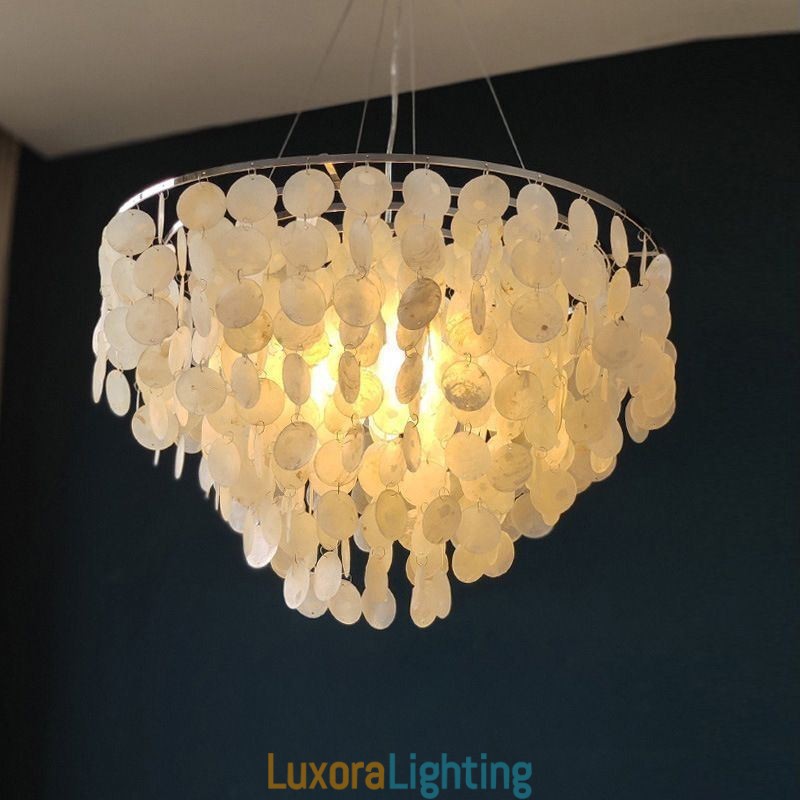 Designer Touch Decorative Capiz Shell Pendant Light Natural Hanging Round Layered Chandelier