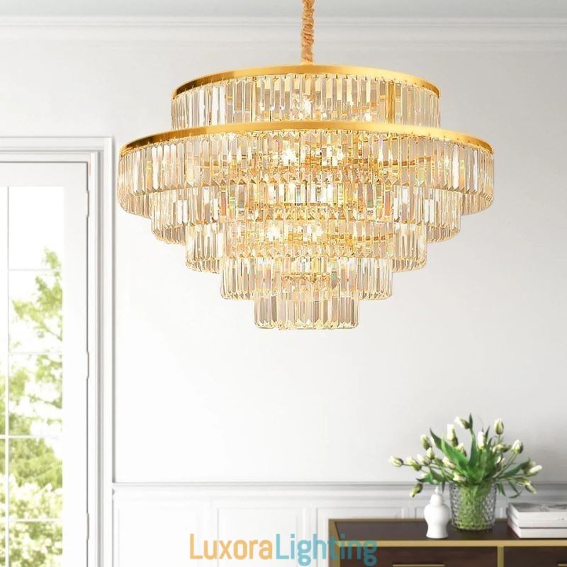 Designer Touch Decorative Gold Crystal Pendant Light 5 Tiers Ceiling Lighting 7 Lights