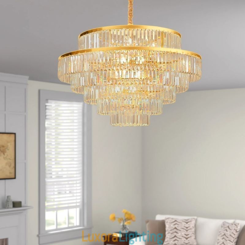 Designer Touch Decorative Gold Crystal Pendant Light 5 Tiers Ceiling Lighting 7 Lights