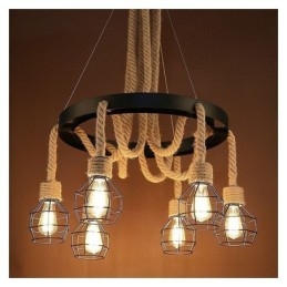 Designer Touch Decorative Retro Style 6 Heads Pendant Light Hemp Rope Chandelier With Iron Lampshade