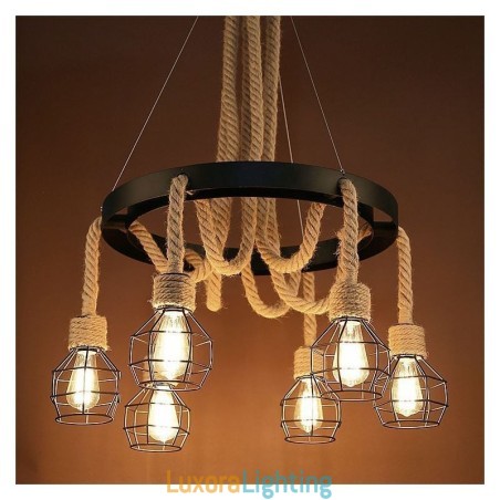 Designer Touch Decorative Retro Style 6 Heads Pendant Light Hemp Rope Chandelier With Iron Lampshade