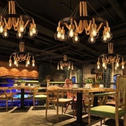 Designer Touch Decorative Retro Style 6 Heads Pendant Light Hemp Rope Chandelier With Iron Lampshade