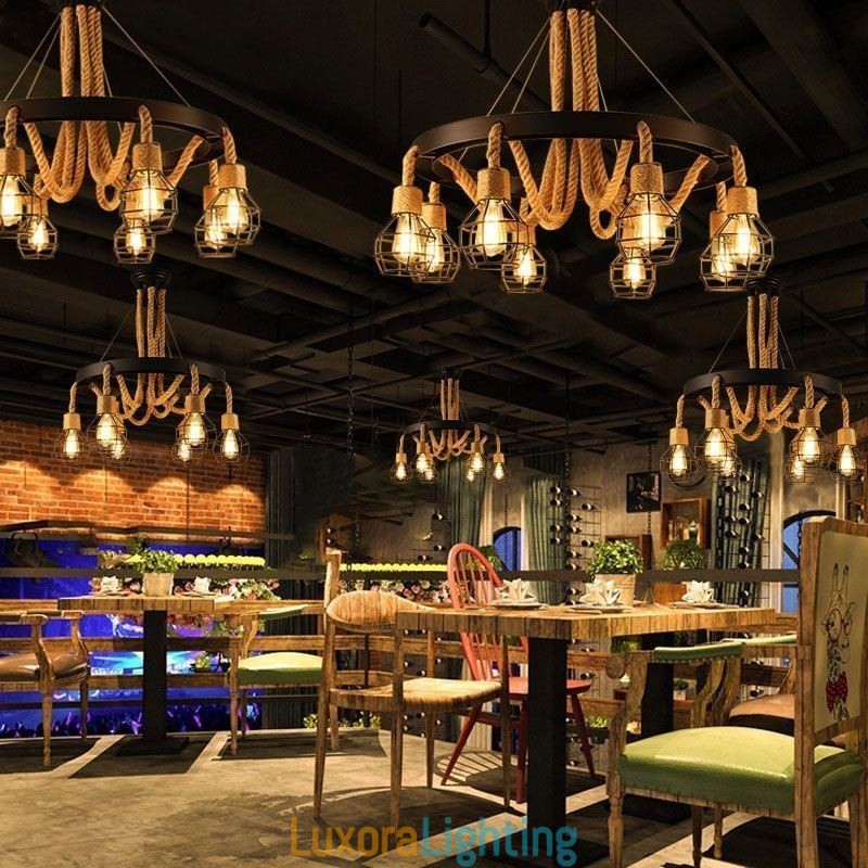 Designer Touch Decorative Retro Style 6 Heads Pendant Light Hemp Rope Chandelier With Iron Lampshade