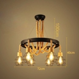 Designer Touch Decorative Retro Style 6 Heads Pendant Light Hemp Rope Chandelier With Iron Lampshade
