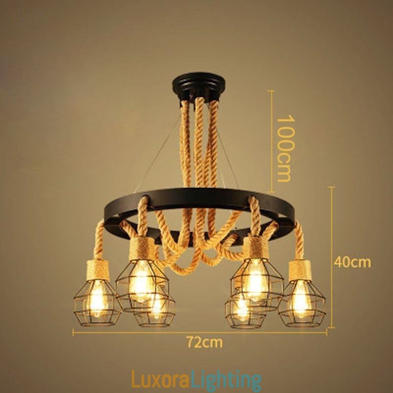 Designer Touch Decorative Retro Style 6 Heads Pendant Light Hemp Rope Chandelier With Iron Lampshade