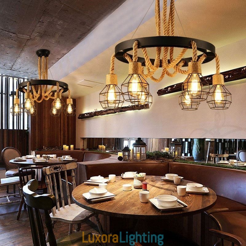 Designer Touch Decorative Retro Style 6 Heads Pendant Light Hemp Rope Chandelier With Iron Lampshade