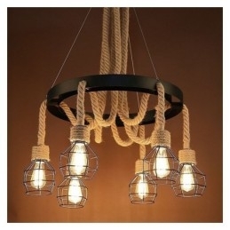 Designer Touch Decorative Retro Style 6 Heads Pendant Light Hemp Rope Chandelier With Iron Lampshade