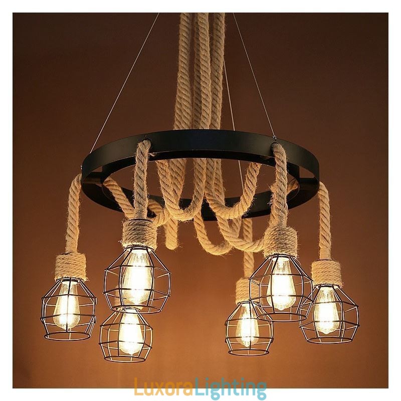 Designer Touch Decorative Retro Style 6 Heads Pendant Light Hemp Rope Chandelier With Iron Lampshade