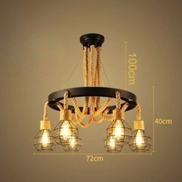 Designer Touch Decorative Retro Style 6 Heads Pendant Light Hemp Rope Chandelier With Iron Lampshade