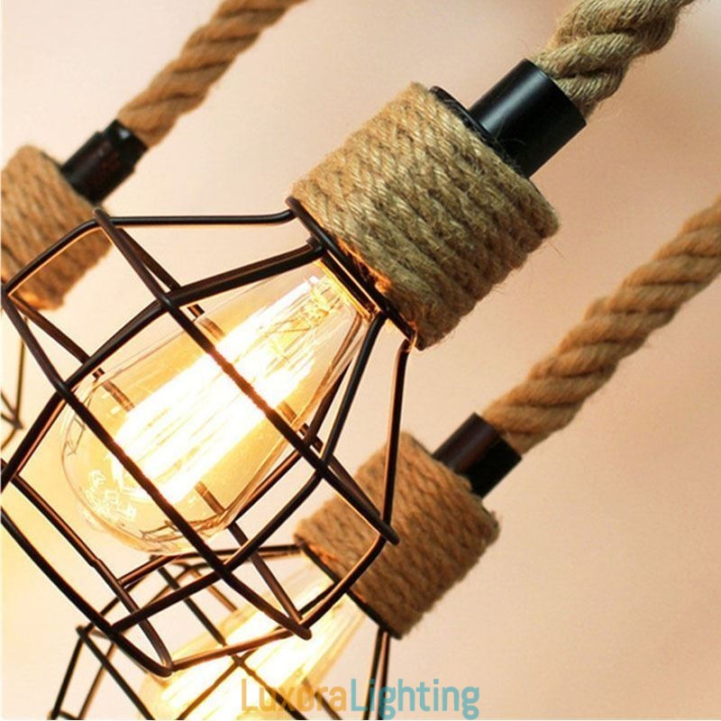 Designer Touch Decorative Retro Style 6 Heads Pendant Light Hemp Rope Chandelier With Iron Lampshade