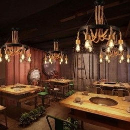 Designer Touch Decorative Retro Style 6 Heads Pendant Light Hemp Rope Chandelier With Iron Lampshade