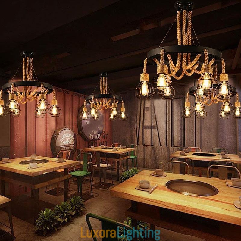 Designer Touch Decorative Retro Style 6 Heads Pendant Light Hemp Rope Chandelier With Iron Lampshade