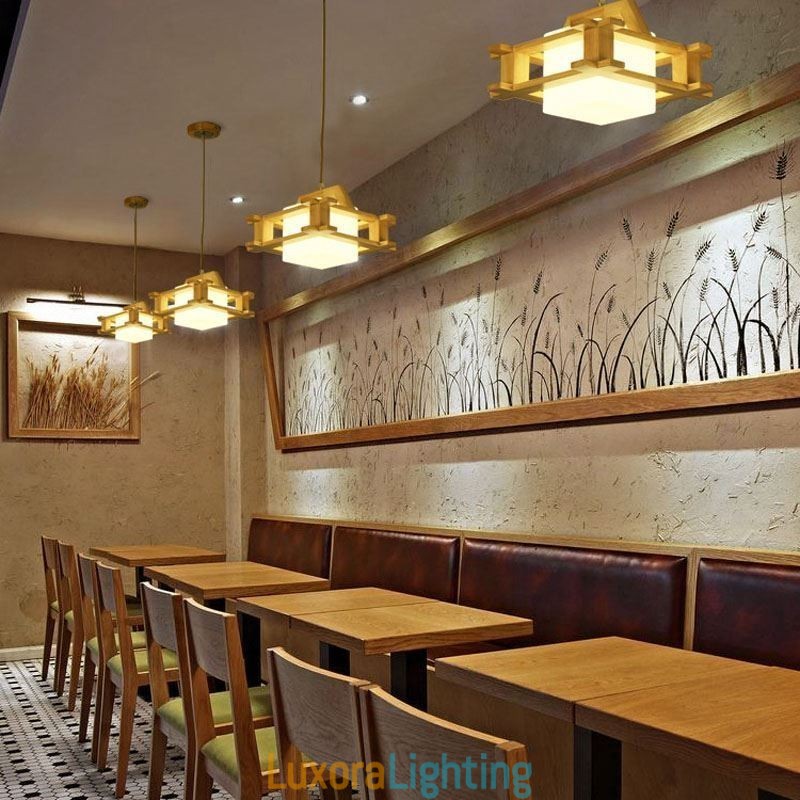 Designer Touch Decorative Nordic Style Oak Pendant Lamp with Frosted Glass Lamp Shade Cafe