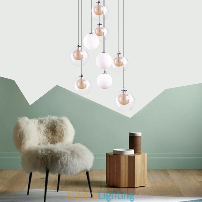 Designer Touch Decorative Pendant Light Glass Cluster Ceiling Light Gold Nickel Brushed+Milky Glass Ball