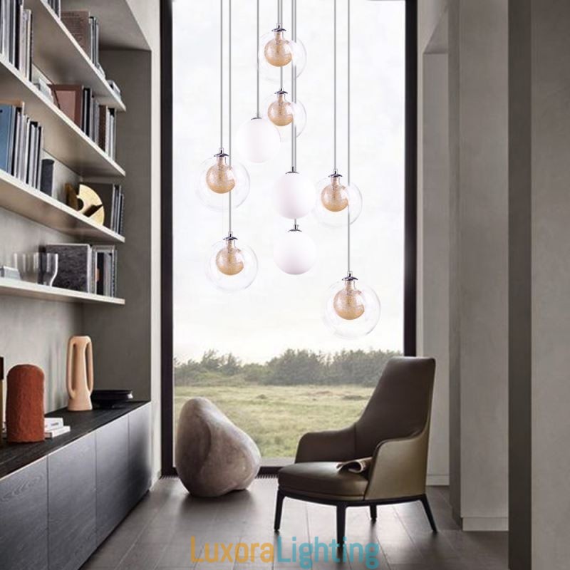 Designer Touch Decorative Pendant Light Glass Cluster Ceiling Light Gold Nickel Brushed+Milky Glass Ball