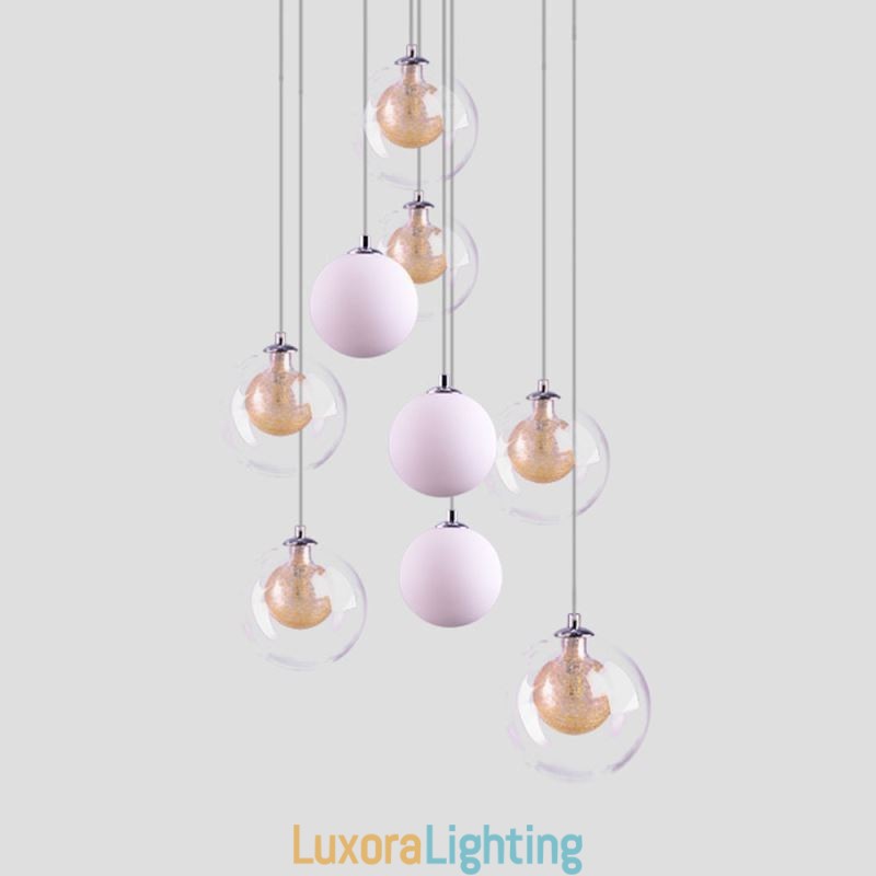 Designer Touch Decorative Pendant Light Glass Cluster Ceiling Light Gold Nickel Brushed+Milky Glass Ball