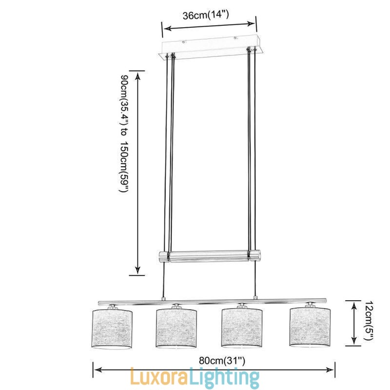 Designer Touch Decorative Modern 4 Light Pendant Light With Fabric Shade Adjustable Height