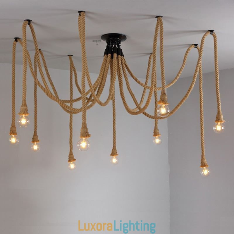 Designer Touch Decorative Retro Style 6 10 Heads Pendant Light Hemp Rope Chandelier Vintage Ceiling Light