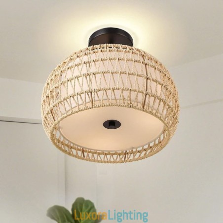 Designer Touch Decorative Paper Rope Fabric Flush Mount 32cm Round Lampshade 3 Lights