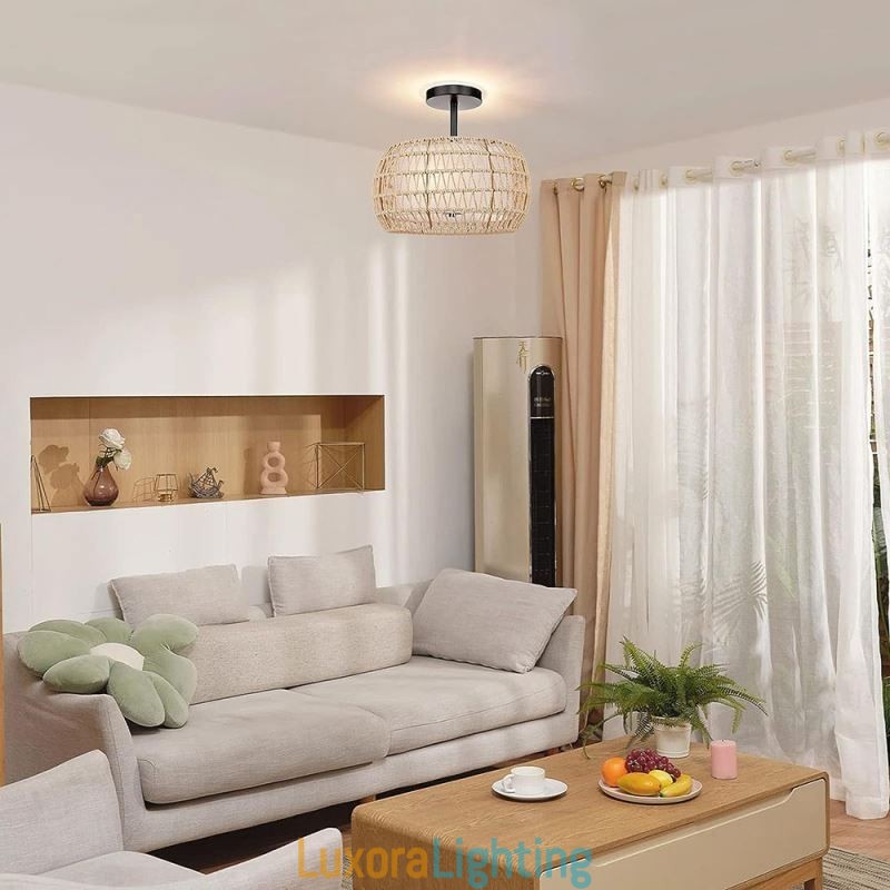 Designer Touch Decorative Paper Rope Fabric Flush Mount 32cm Round Lampshade 3 Lights