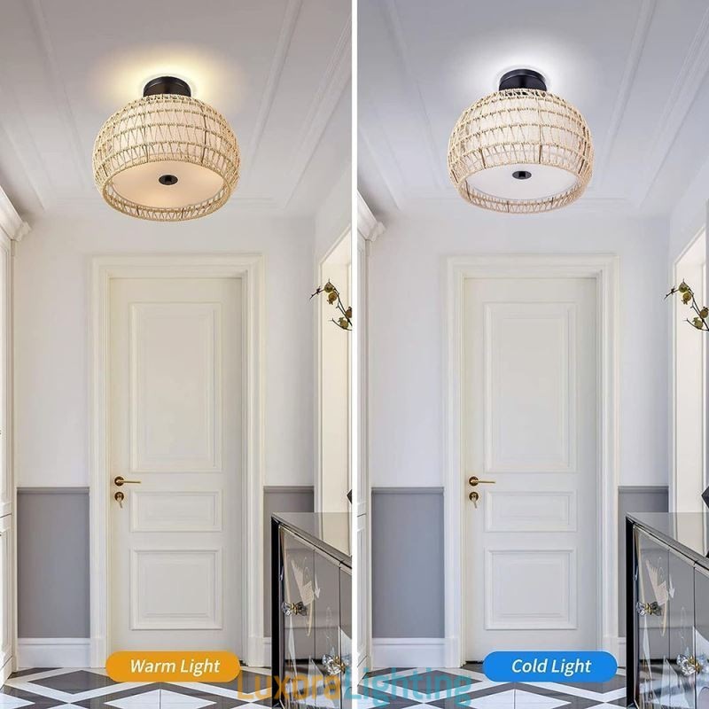 Designer Touch Decorative Paper Rope Fabric Flush Mount 32cm Round Lampshade 3 Lights