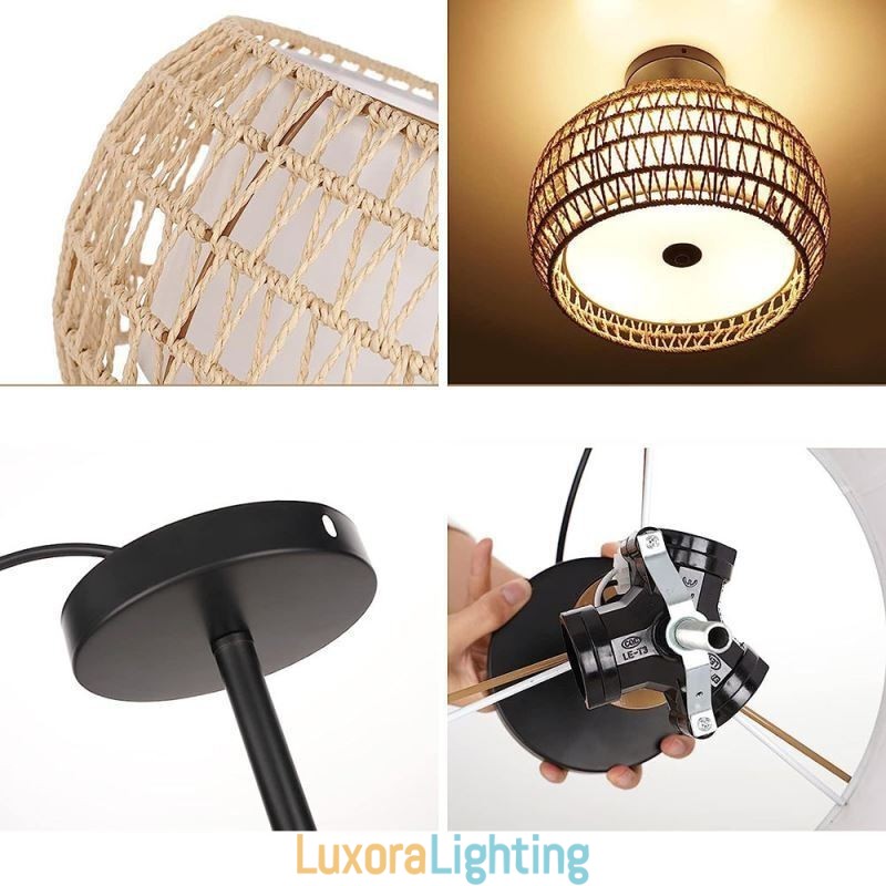 Designer Touch Decorative Paper Rope Fabric Flush Mount 32cm Round Lampshade 3 Lights