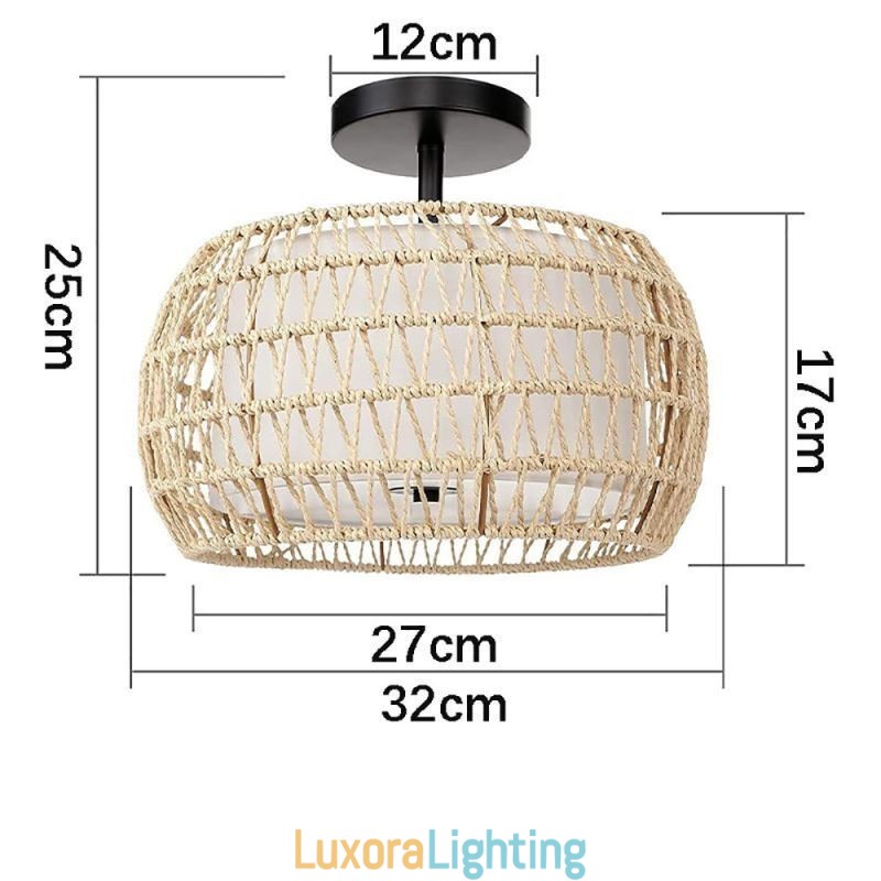 Designer Touch Decorative Paper Rope Fabric Flush Mount 32cm Round Lampshade 3 Lights