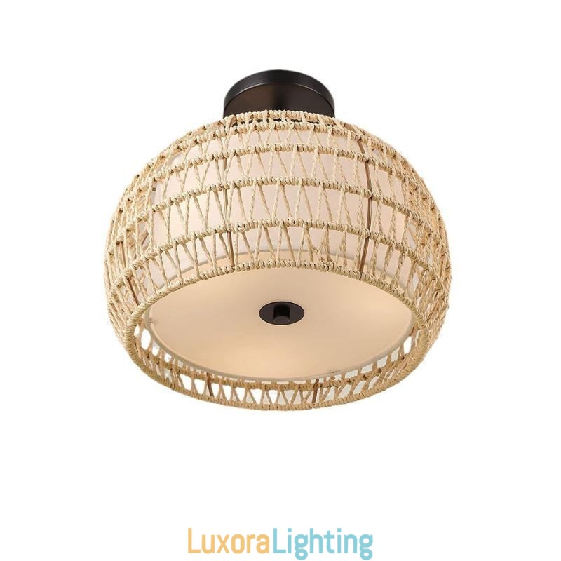 Designer Touch Decorative Paper Rope Fabric Flush Mount 32cm Round Lampshade 3 Lights