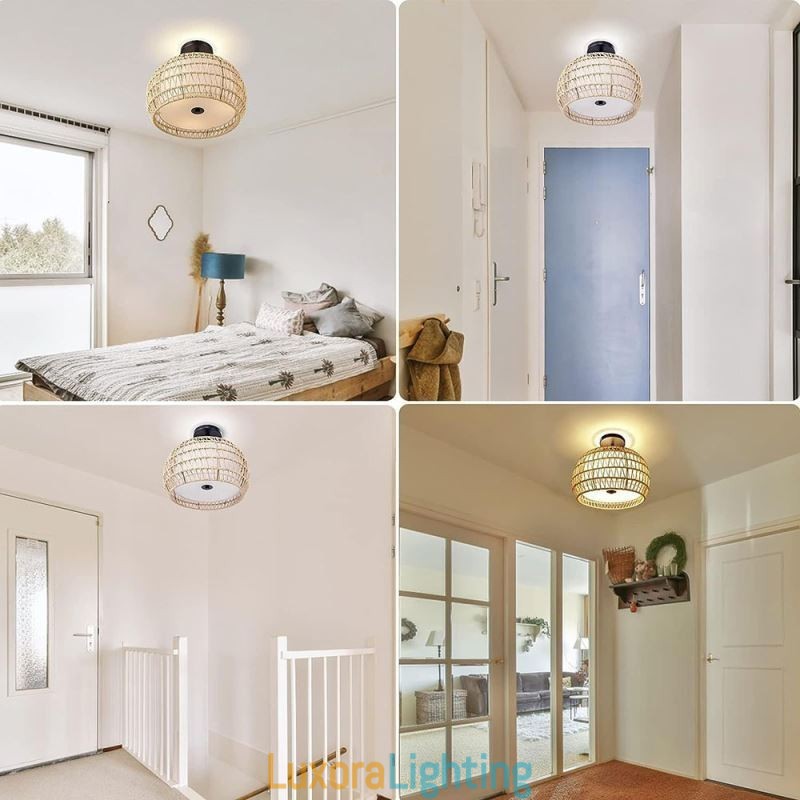 Designer Touch Decorative Paper Rope Fabric Flush Mount 32cm Round Lampshade 3 Lights