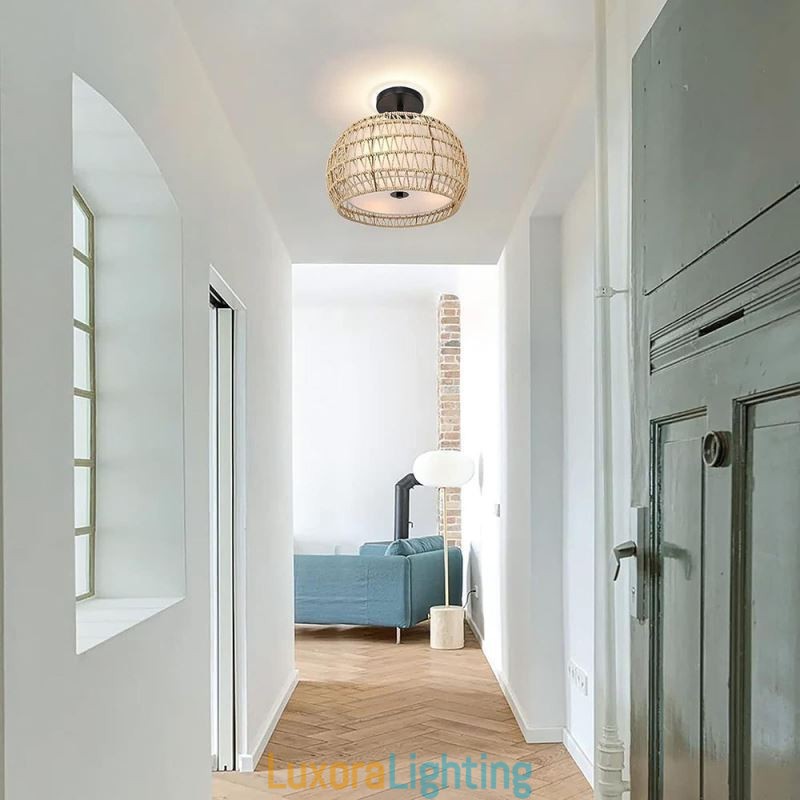 Designer Touch Decorative Paper Rope Fabric Flush Mount 32cm Round Lampshade 3 Lights