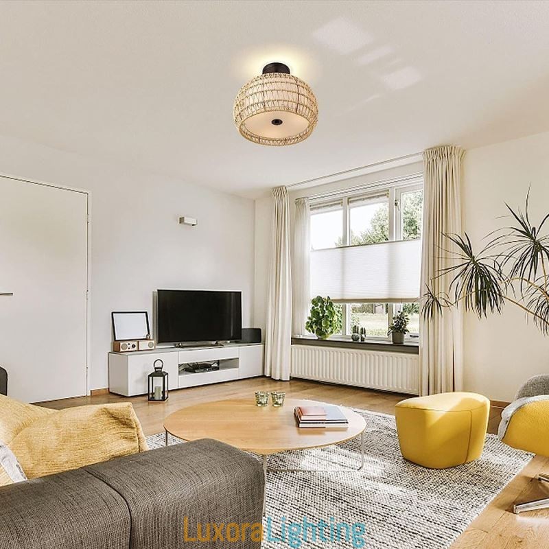 Designer Touch Decorative Paper Rope Fabric Flush Mount 32cm Round Lampshade 3 Lights