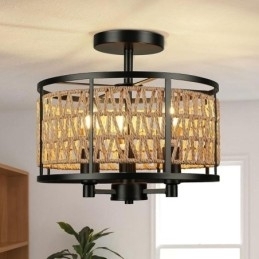 Designer Touch Decorative Retro Ceiling Light Black Iron Paper Rope Ceiling Lamp 3 Lights