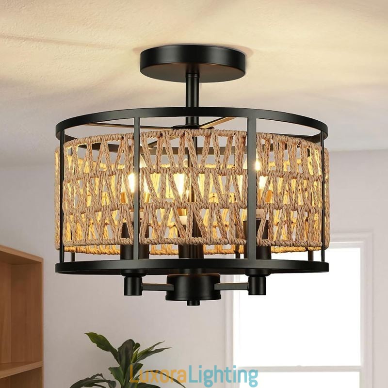 Designer Touch Decorative Retro Ceiling Light Black Iron Paper Rope Ceiling Lamp 3 Lights